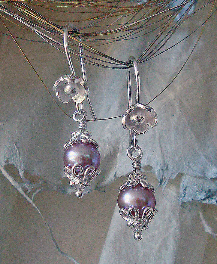 Arpaia Mauve Mist Flower Pearl Drop Earrings