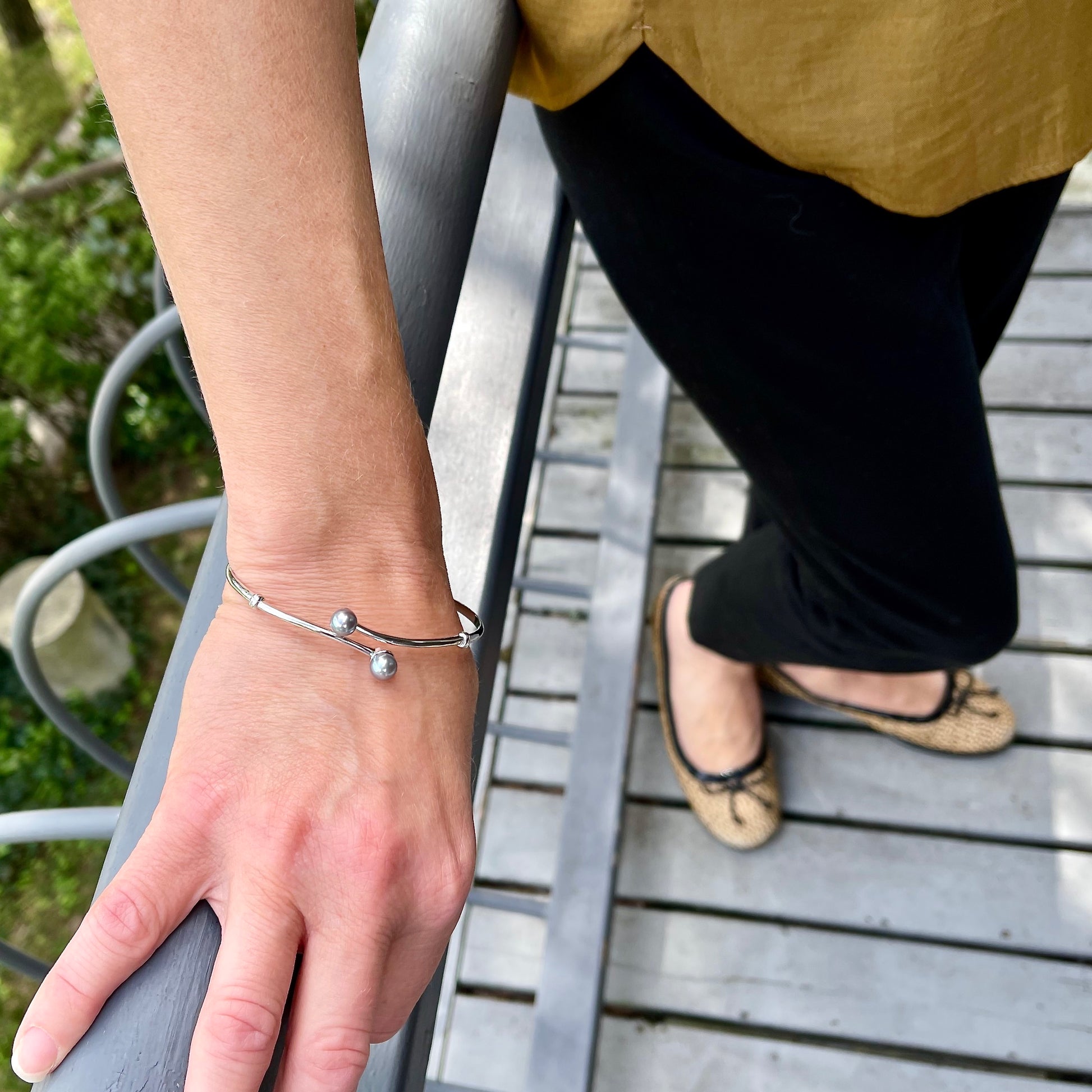 Dove Gray Pearl & Sterling Silver Bangle Bracelet on Model
