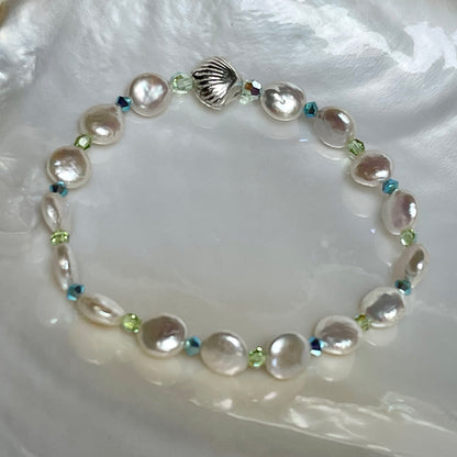 "La Maddalena" beachlove® 7-inch Stretch Bracelet with Sweet White Baby Coin Pearls, Sparkling Turquoise & Sea Green Austrian Crystals, and Adorable 999 Fine Silver Baby Scallop Shell / One of a Kind