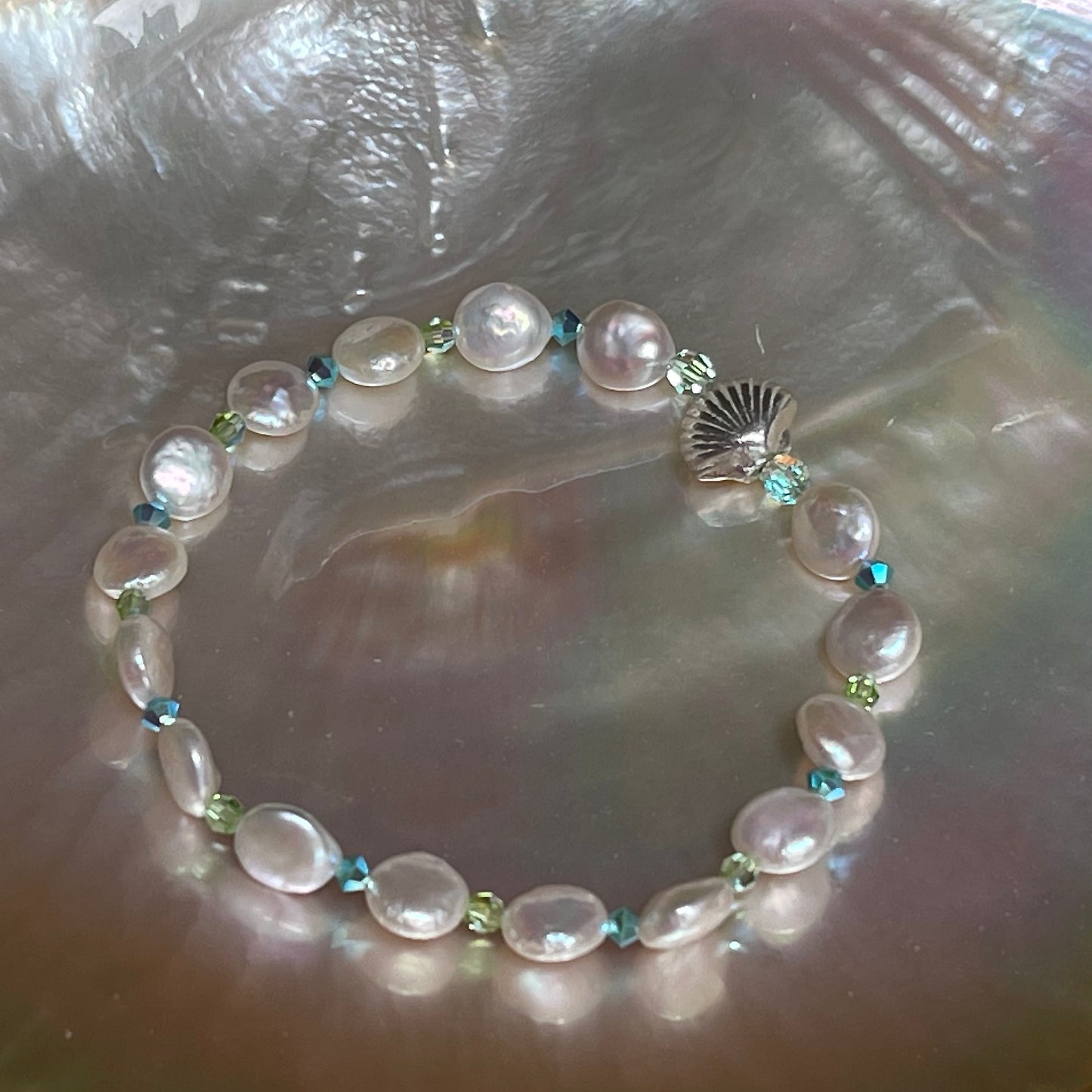 "La Maddalena" beachlove® 7-inch Stretch Bracelet with Sweet White Baby Coin Pearls, Sparkling Turquoise & Sea Green Austrian Crystals, and Adorable 999 Fine Silver Baby Scallop Shell / One of a Kind