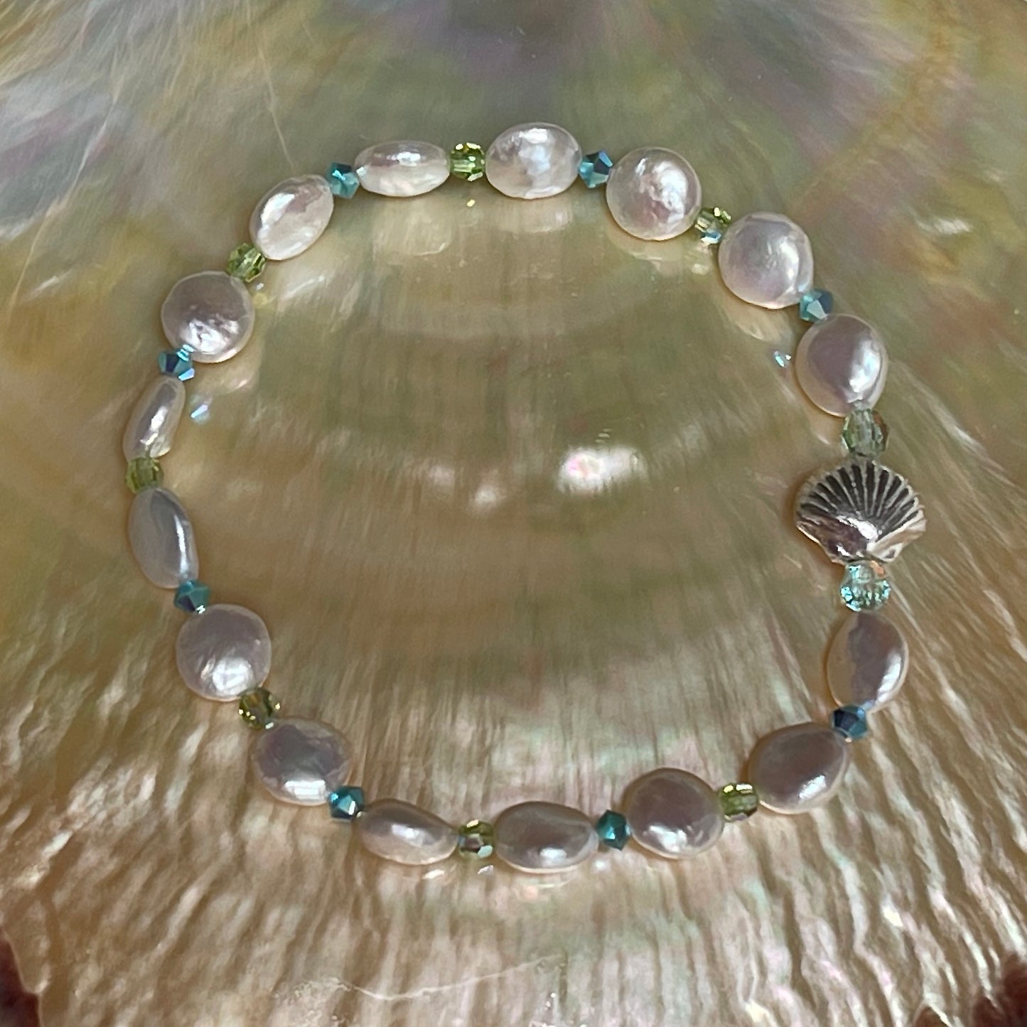 "La Maddalena" beachlove® 7-inch Stretch Bracelet with Sweet White Baby Coin Pearls, Sparkling Turquoise & Sea Green Austrian Crystals, and Adorable 999 Fine Silver Baby Scallop Shell / One of a Kind