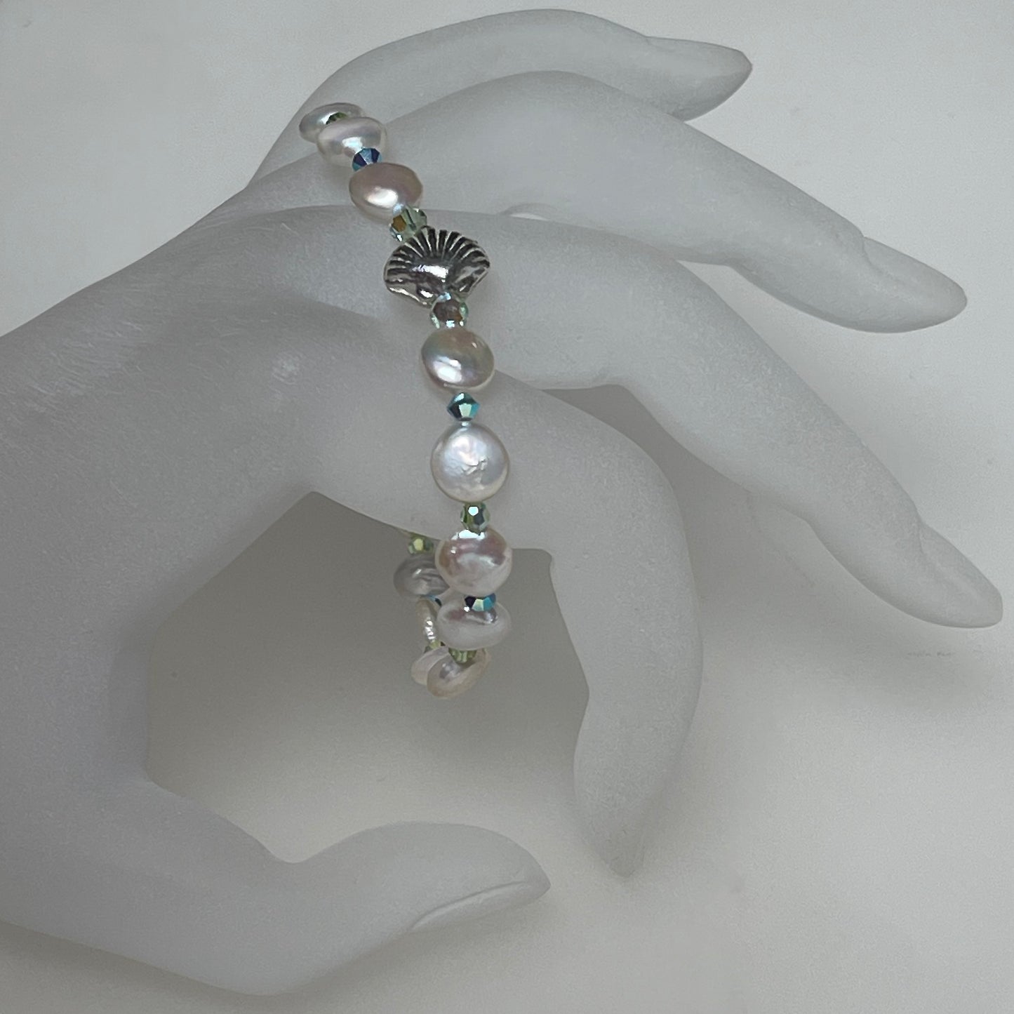 "La Maddalena" beachlove® 7-inch Stretch Bracelet with Sweet White Baby Coin Pearls, Sparkling Turquoise & Sea Green Austrian Crystals, and Adorable 999 Fine Silver Baby Scallop Shell / One of a Kind