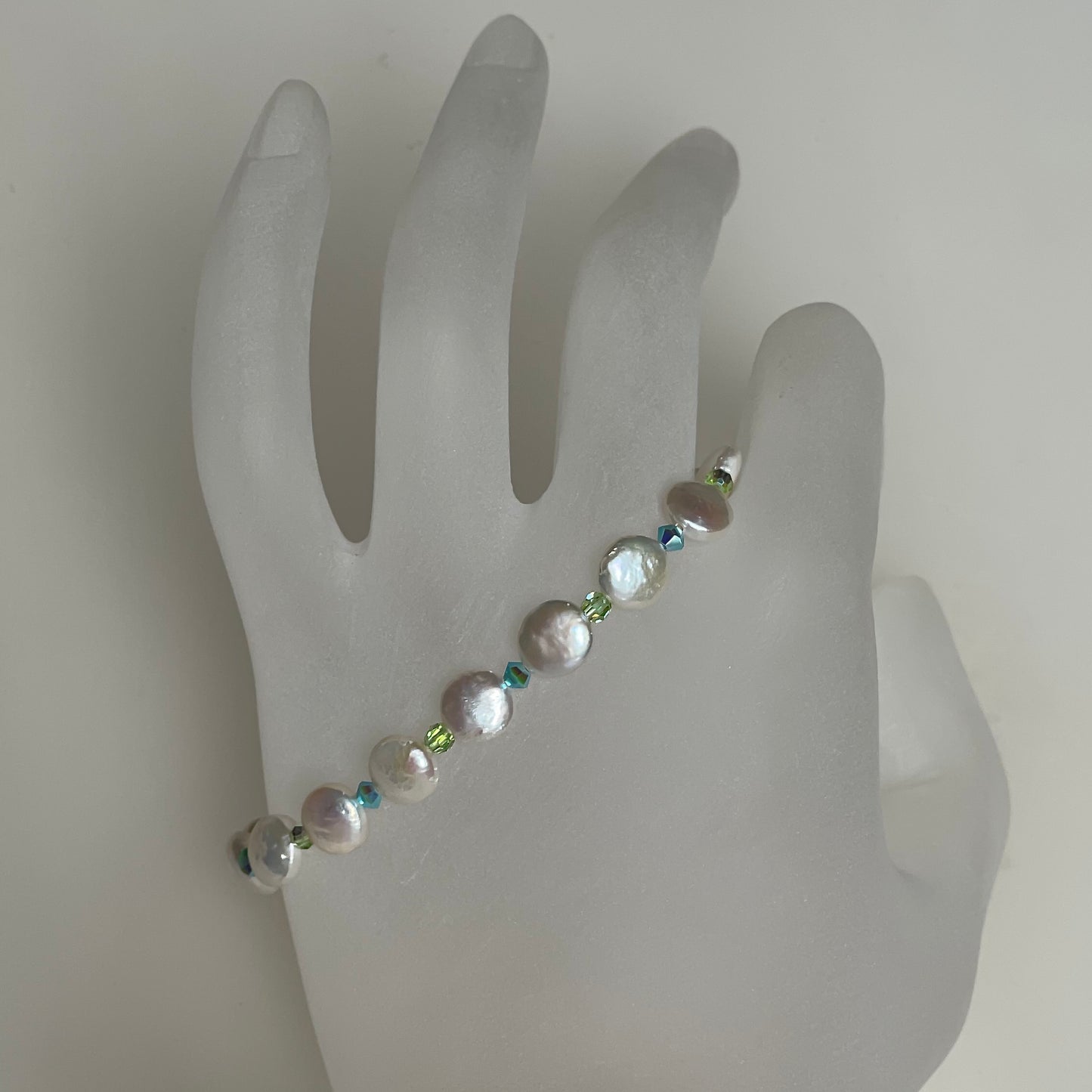 "La Maddalena" beachlove® 7-inch Stretch Bracelet with Sweet White Baby Coin Pearls, Sparkling Turquoise & Sea Green Austrian Crystals, and Adorable 999 Fine Silver Baby Scallop Shell / One of a Kind