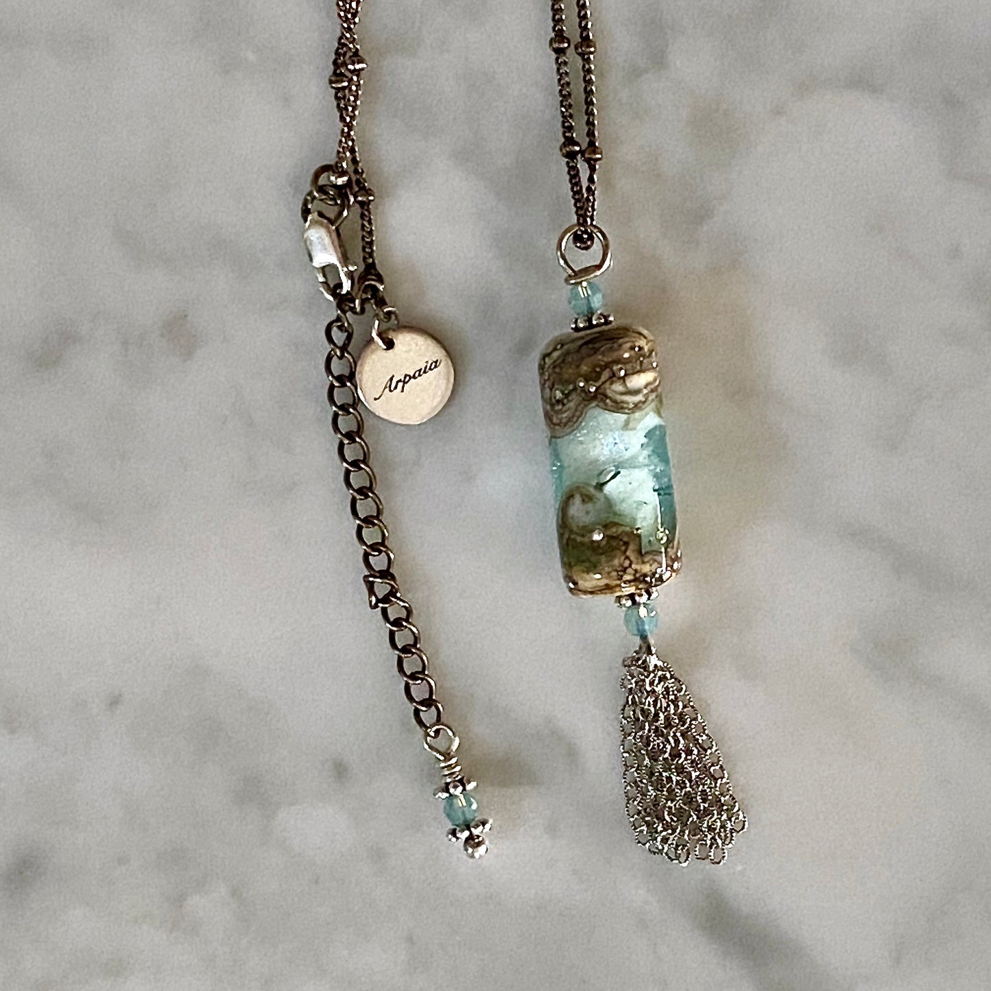 Aqua Bequia Breeze / beachlove® Handmade Glass & Sterling Silver Tassel Pendant Necklace