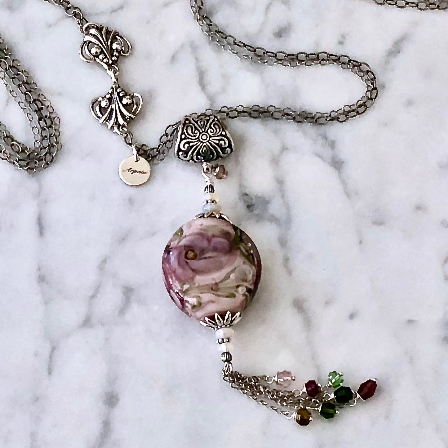 Water Lilies in Mauve / beachlove® Handmade Glass & Sterling Silver Tassel Pendant Necklace