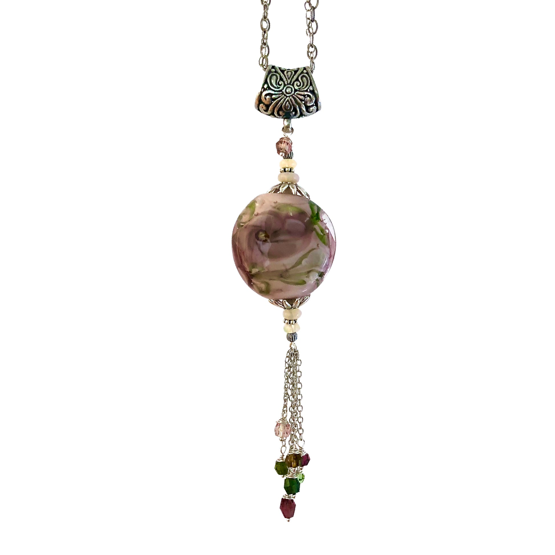 Closeup of Pendant - Arpaia beachlove Water Lilies in Mauve Glass & Silver Tassel Pendant