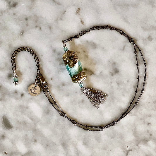 Aqua Bequia Breeze / beachlove® Handmade Glass & Sterling Silver Tassel Pendant Necklace