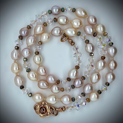 Top View Coiled Burnished Rose Glowing Pearl beachlove necklace