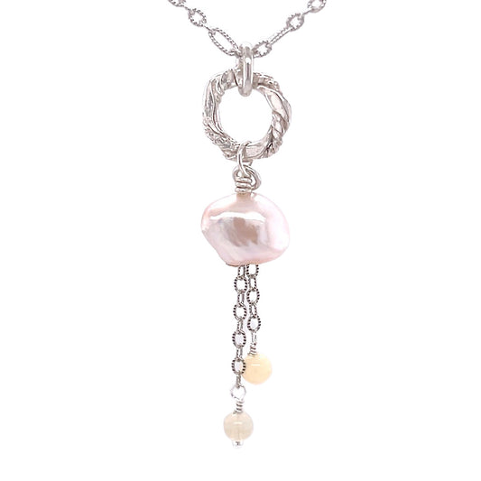 Closeup of Freshwater Pink Keshi & Australia Opal Sterling Pendant / Arpaia beachlove necklace